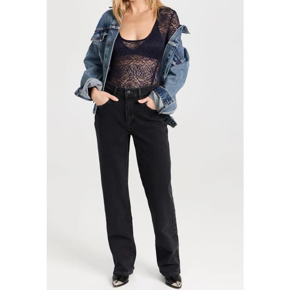 Free People Intimately Floral Lace Square Neck‎ Chic Black Sheer Bodysuit S